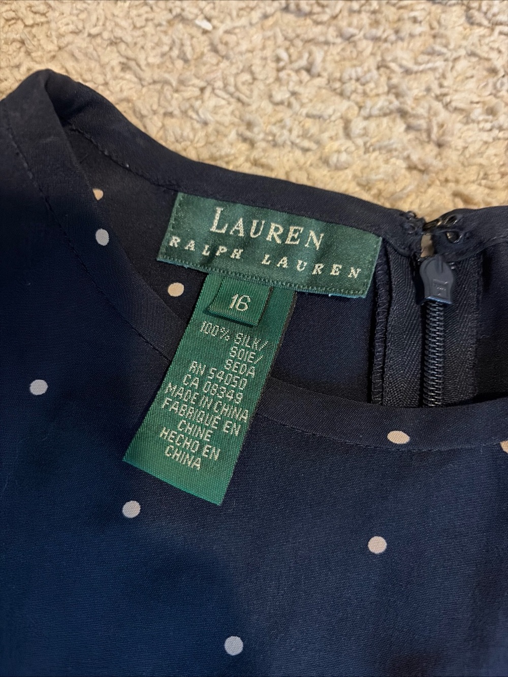 Vintage Lauren Ralph Lauren Navy Blue Beige Polka Dot 100% Silk Maxi Dress Sz 16 - Picture 4 of 5